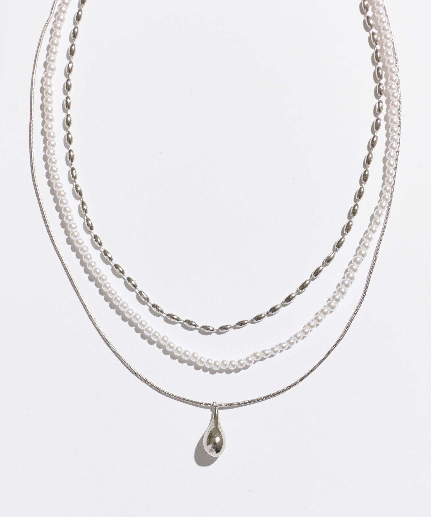 Phoebe「パール&times;ドロップメタル3連ネックレス　シルバー」|ネックレス|