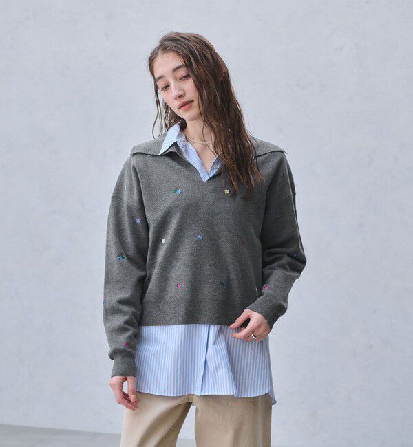 UNITED ARROWS「フラワー エンブロイダリー スキッパーニット」|ニット・セーター|DK.GRAY