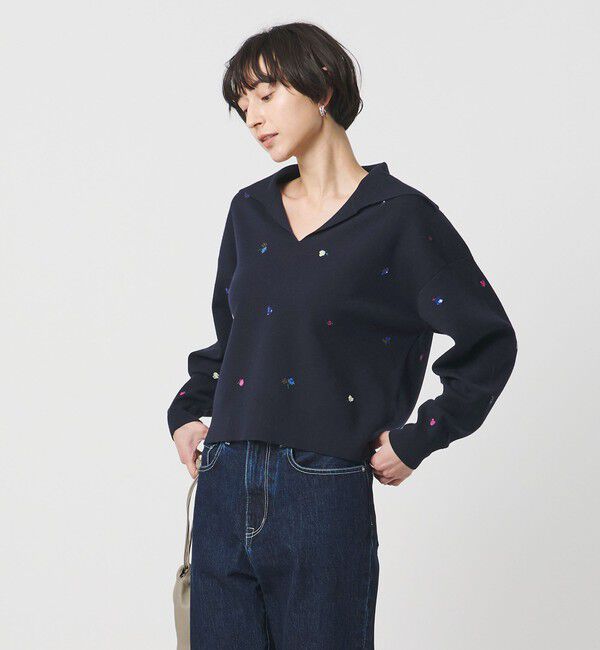 UNITED ARROWS「フラワー エンブロイダリー スキッパーニット」|ニット・セーター|NAVY