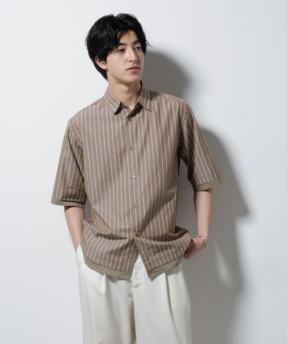 nano･universe「クレイジーストライプシャツ 半袖 2」|シャツ・ブラウス|ブラウン