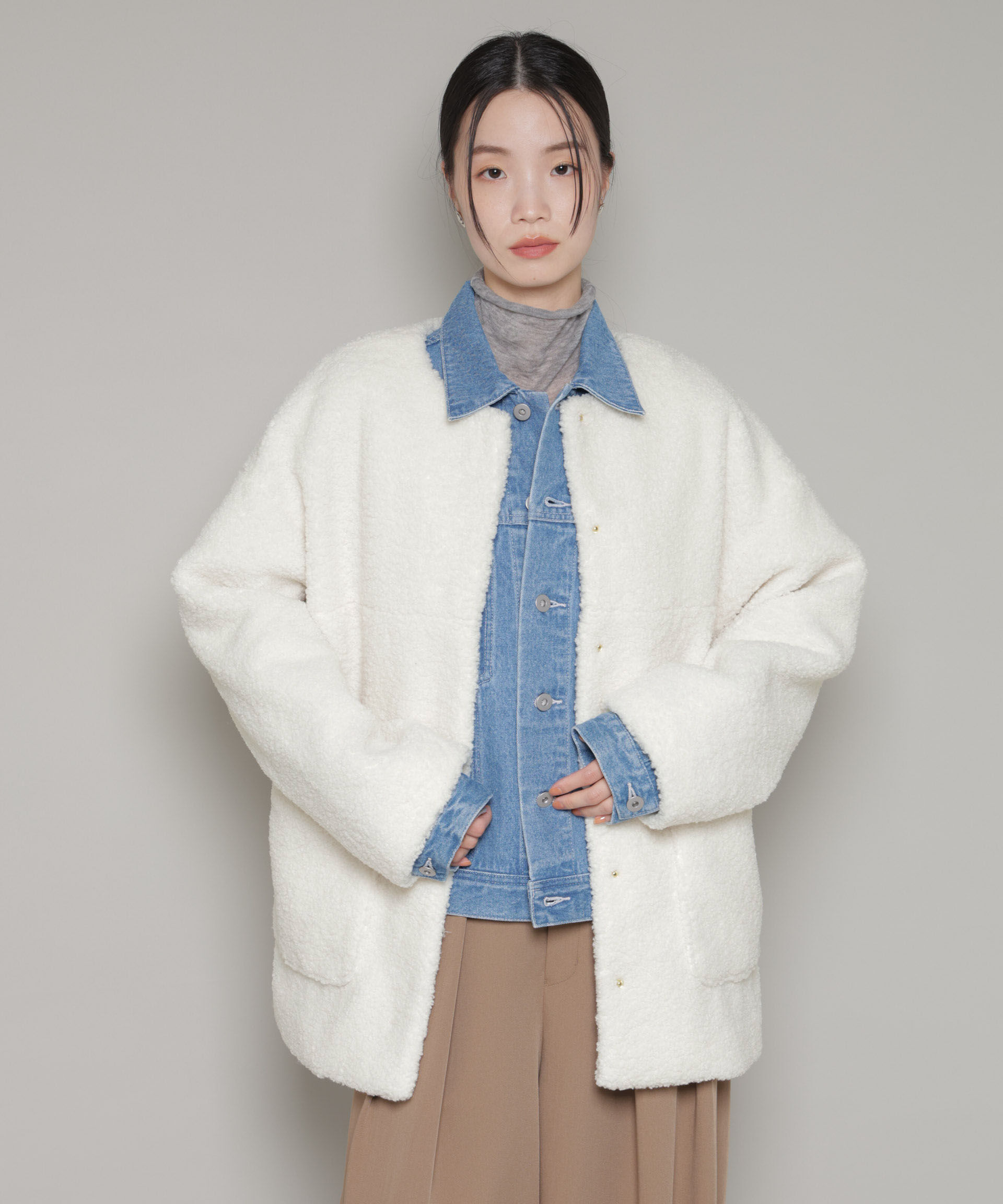 nano･universe「ソフトボアノーカラーミドルコート」|その他|アイボリー7