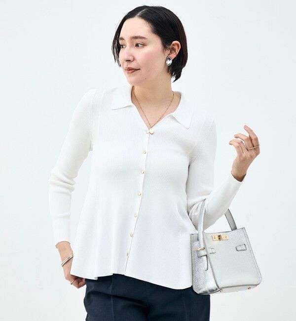 NOLLEY'S sophi「《手洗い可能》リブフレアスキッパーポロ襟カーディガン」|カーディガン|ホワイト