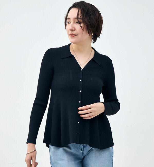 NOLLEY'S sophi「《手洗い可能》リブフレアスキッパーポロ襟カーディガン」|カーディガン|ダークネイビー