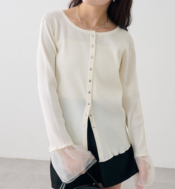  「袖チュール付きリブカーディガン」|カーディガン|