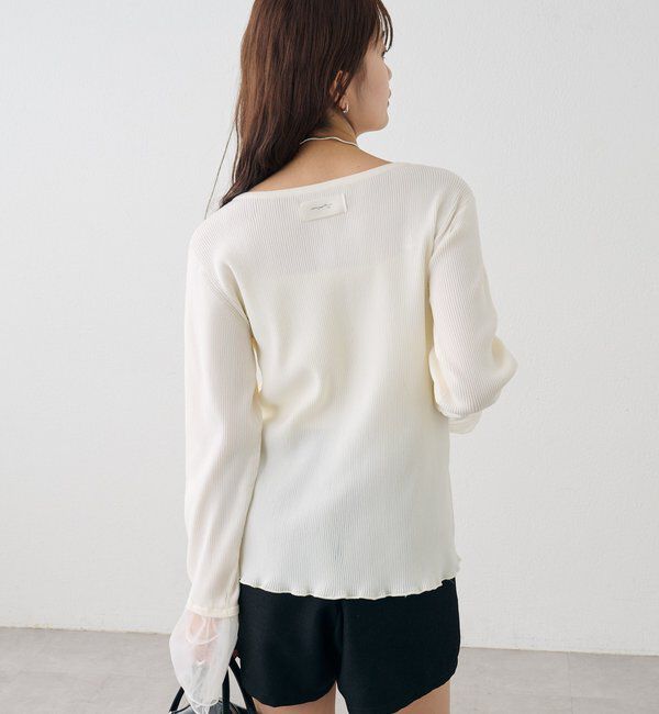  「袖チュール付きリブカーディガン」|カーディガン|