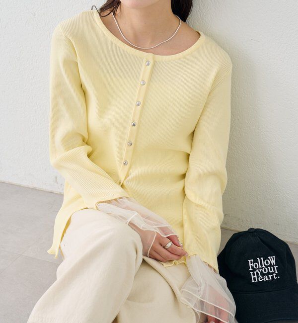  「袖チュール付きリブカーディガン」|カーディガン|