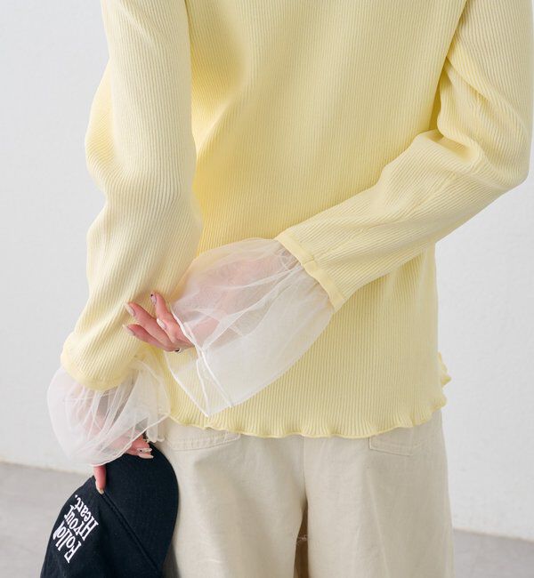  「袖チュール付きリブカーディガン」|カーディガン|