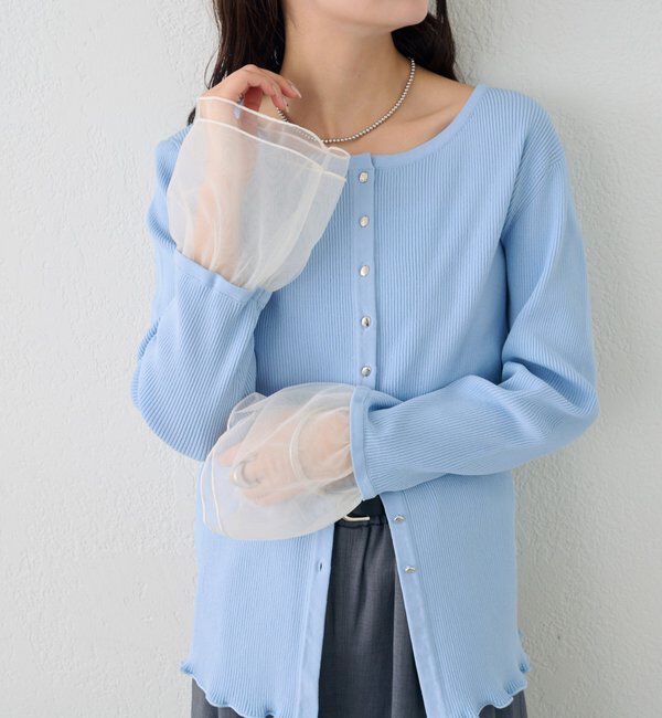  「袖チュール付きリブカーディガン」|カーディガン|ブルー