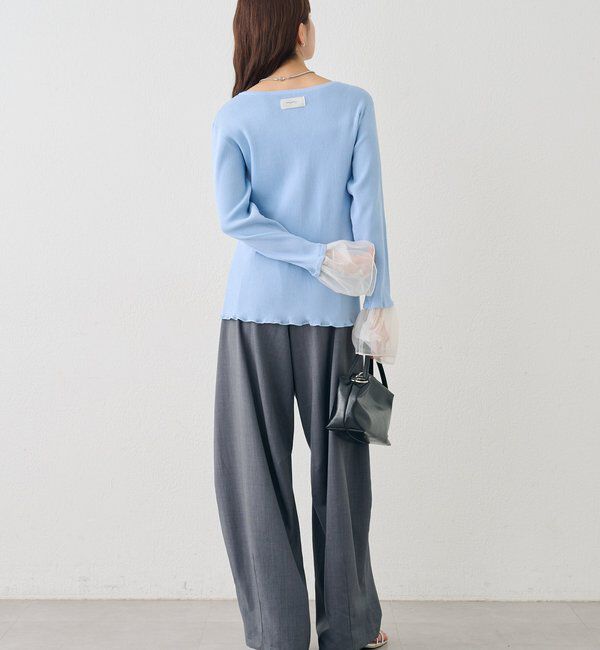  「袖チュール付きリブカーディガン」|カーディガン|