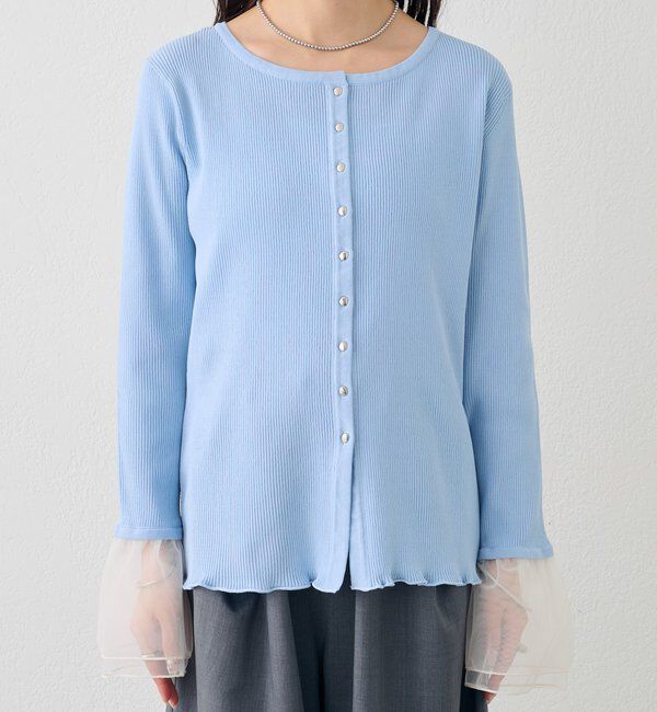  「袖チュール付きリブカーディガン」|カーディガン|