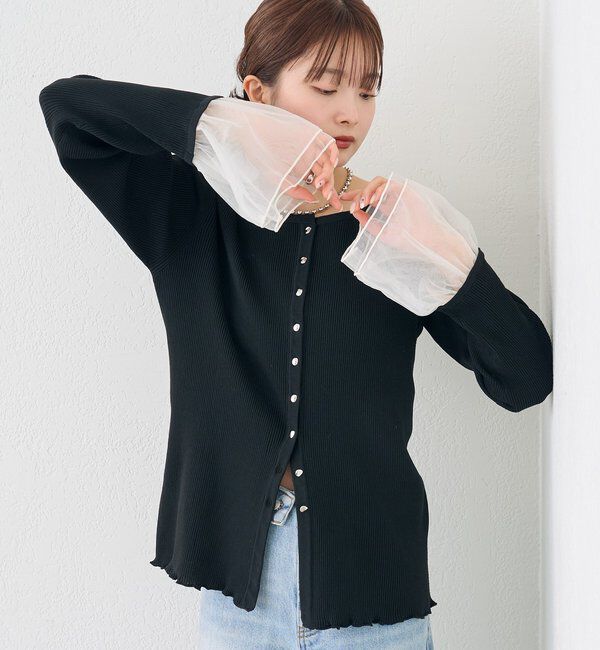  「袖チュール付きリブカーディガン」|カーディガン|