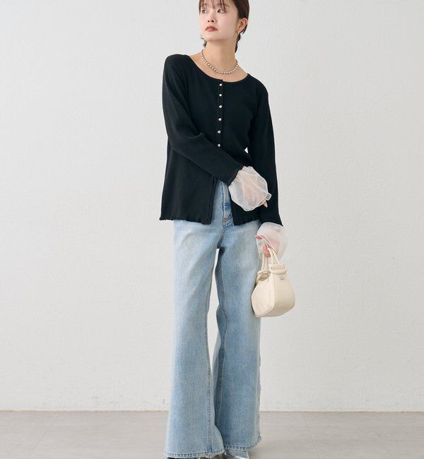  「袖チュール付きリブカーディガン」|カーディガン|