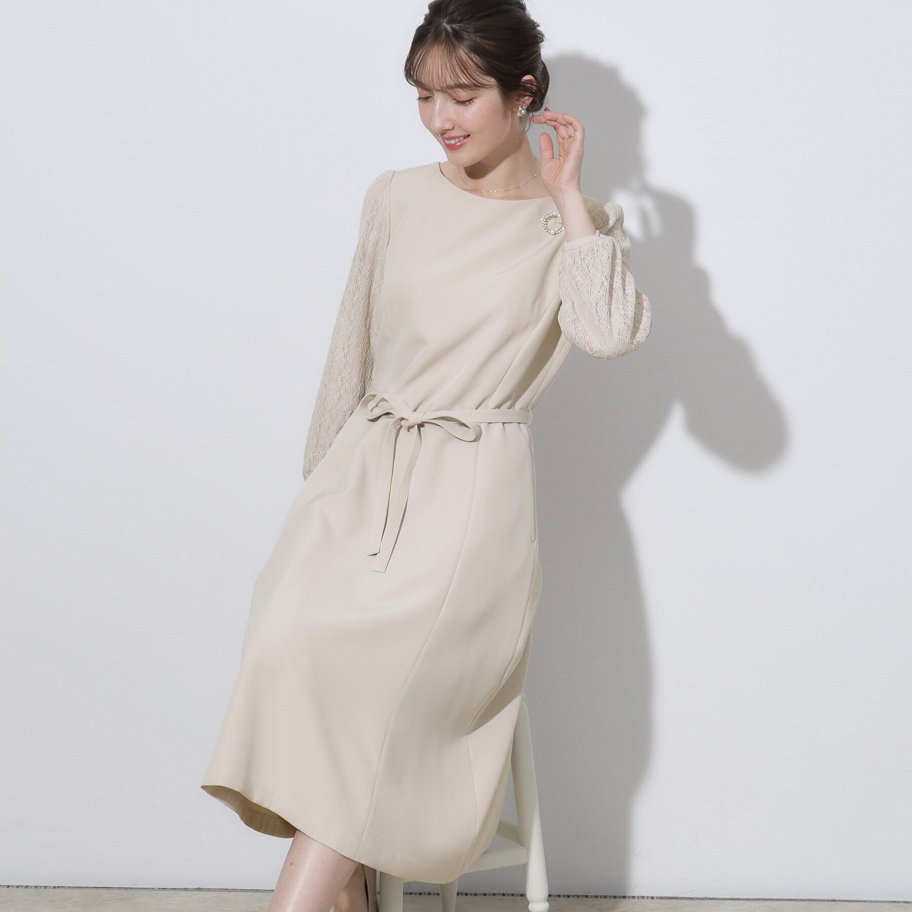 Couture broach「【セレモニーシーン・おでかけにも】袖レースAラインワンピース」|ワンピース|