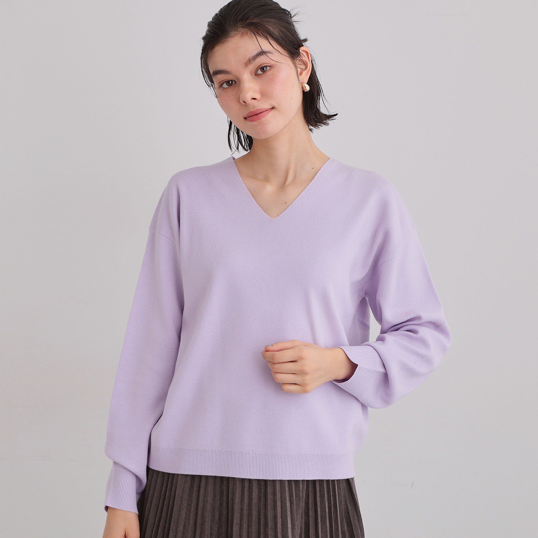 THE SHOP TK「【S-XLサイズ/上品見えが叶う】Vネックニット/蓄熱/洗濯機OK」|ニット・セーター|ラベンダー(980)