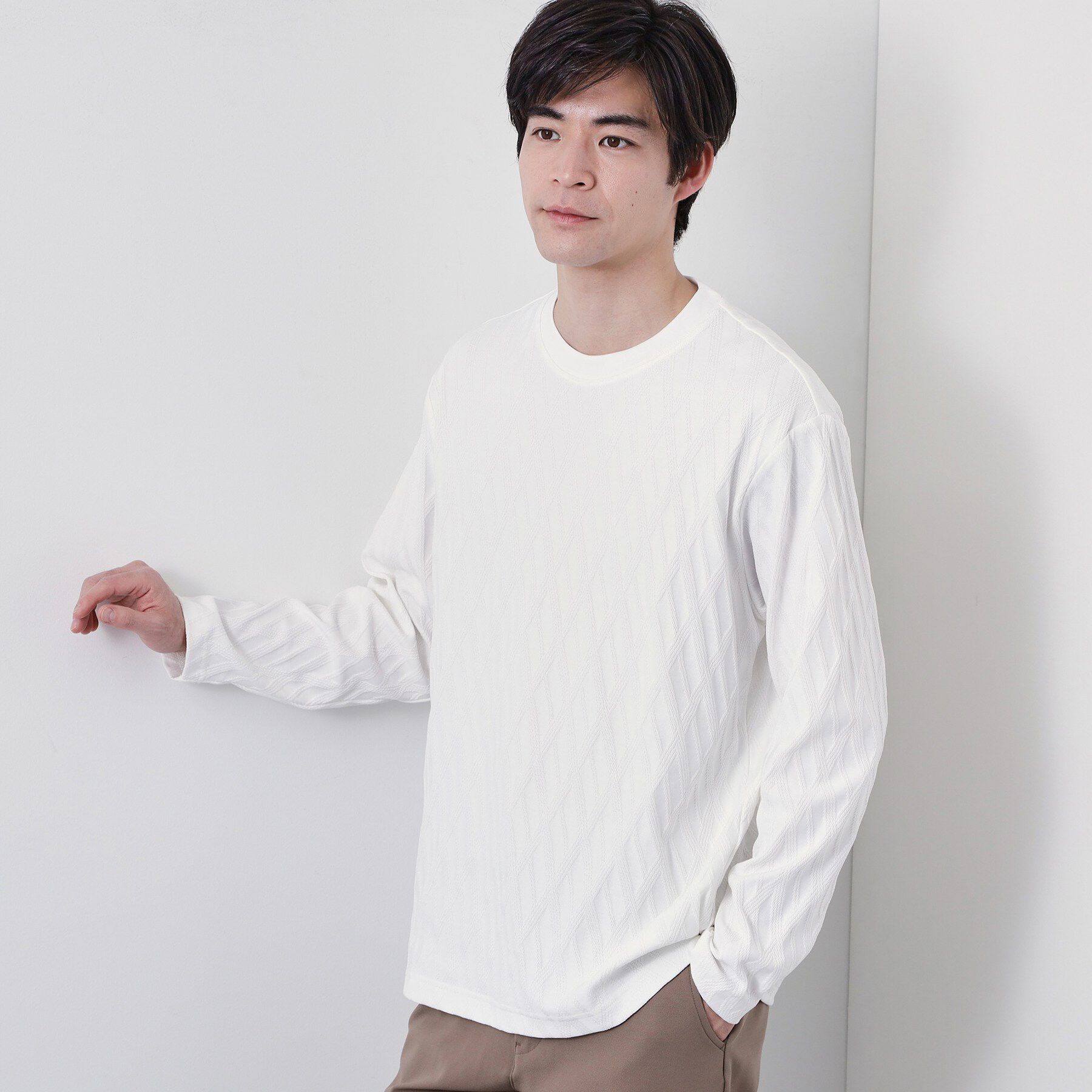 THE SHOP TK「【立体感のある表情が上品】リンクスアーガイル長袖Tシャツ」|Tシャツ・カットソー|オフホワイト(003