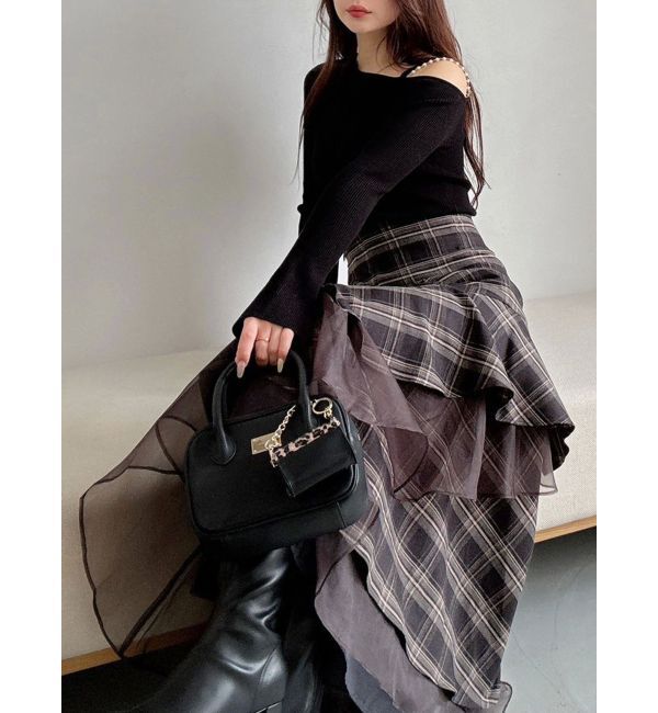 MERCURYDUO「アシメパールチェーンワンショルニット」|ニット・セーター|