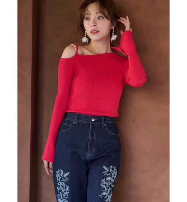 MERCURYDUO「アシメパールチェーンワンショルニット」|ニット・セーター|レッド