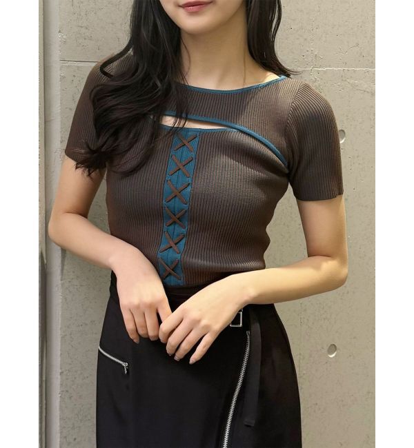 MURUA「レースアップカットアウトニット」|ニット・セーター|ブラウン