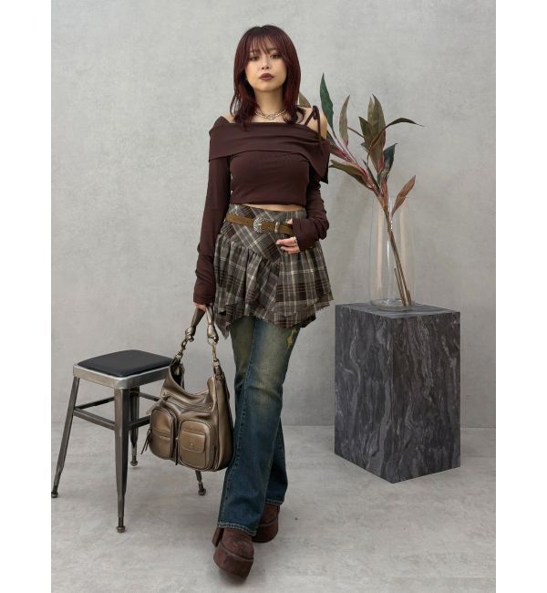 EVRIS「アシンメトリーランダムチェックミニスカート」|スカート|