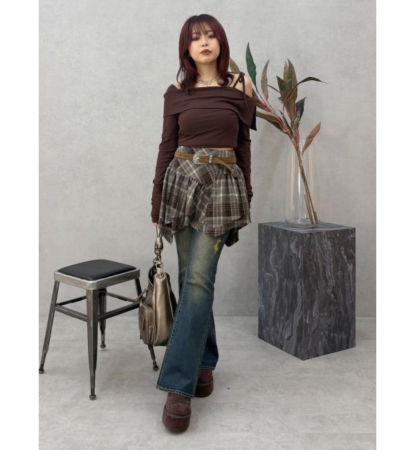 EVRIS「アシンメトリーランダムチェックミニスカート」|スカート|