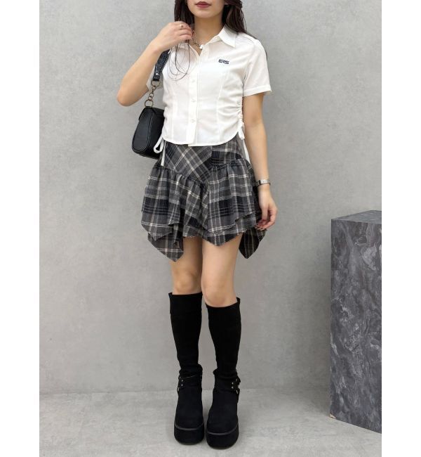 EVRIS「アシンメトリーランダムチェックミニスカート」|スカート|