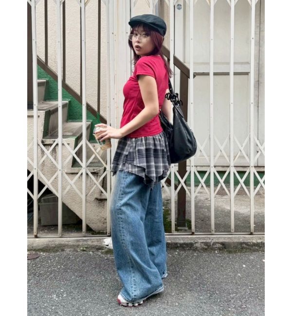 EVRIS「アシンメトリーランダムチェックミニスカート」|スカート|