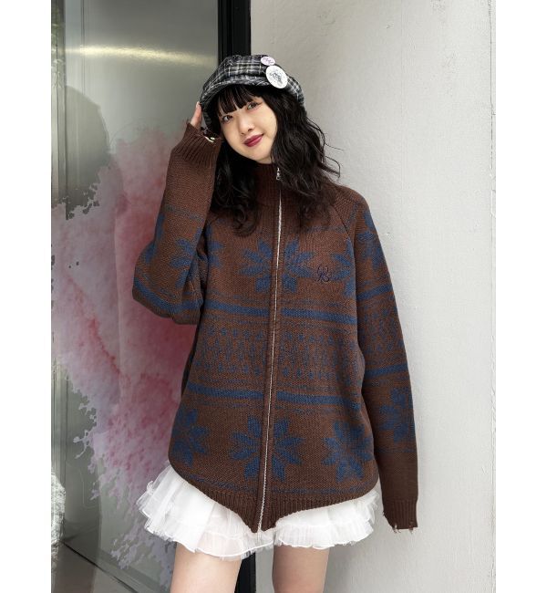jouetie「ノルディックジップルーズカーデ」|ニット・セーター|ブラウン