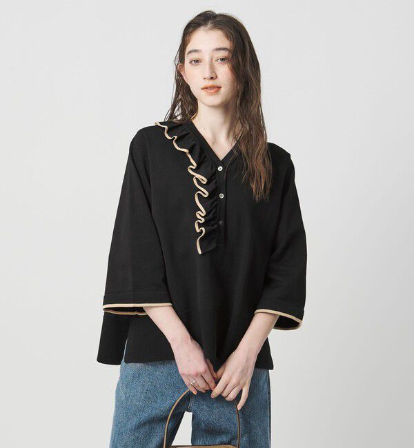 UNITED ARROWS「ミニマル Vネックフリル プルオーバー」|ニット・セーター|BLACK