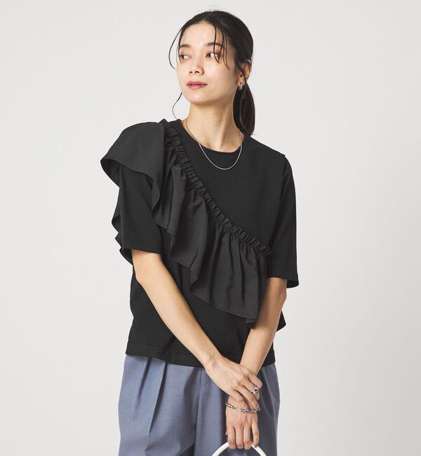 UNITED ARROWS green label relaxing「フリル ドッキング 5分袖 ニット プルオーバー ウォッシャブル」|ニット・セーター|BLACK