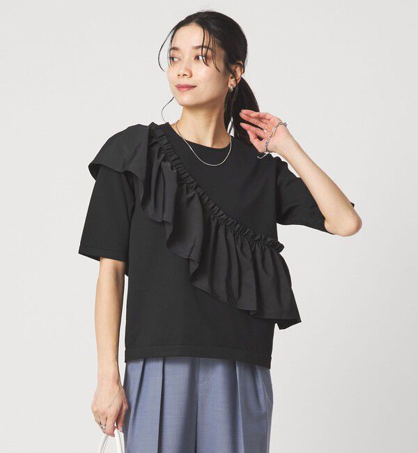 UNITED ARROWS green label relaxing「フリル ドッキング 5分袖 ニット プルオーバー ウォッシャブル」|ニット・セーター|