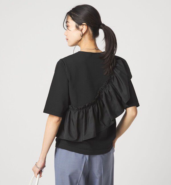 UNITED ARROWS green label relaxing「フリル ドッキング 5分袖 ニット プルオーバー ウォッシャブル」|ニット・セーター|