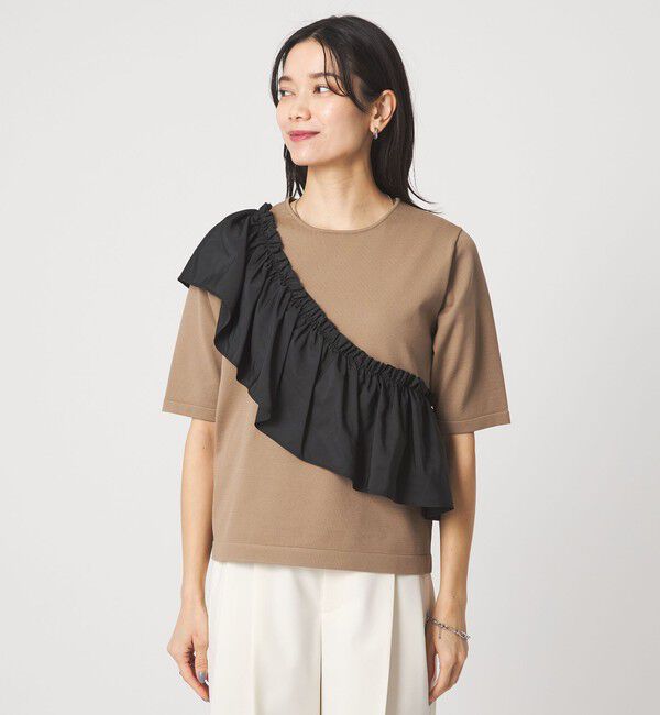 UNITED ARROWS green label relaxing「フリル ドッキング 5分袖 ニット プルオーバー ウォッシャブル」|ニット・セーター|