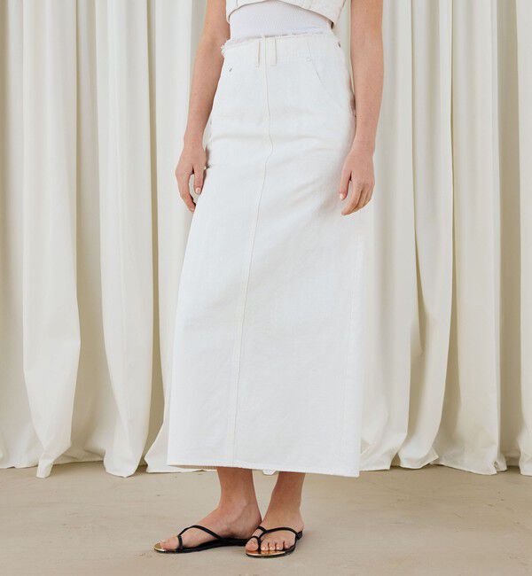 DES PRES「ペインティングホワイトデニム ブラレット付きマキシスカート」|タイト|