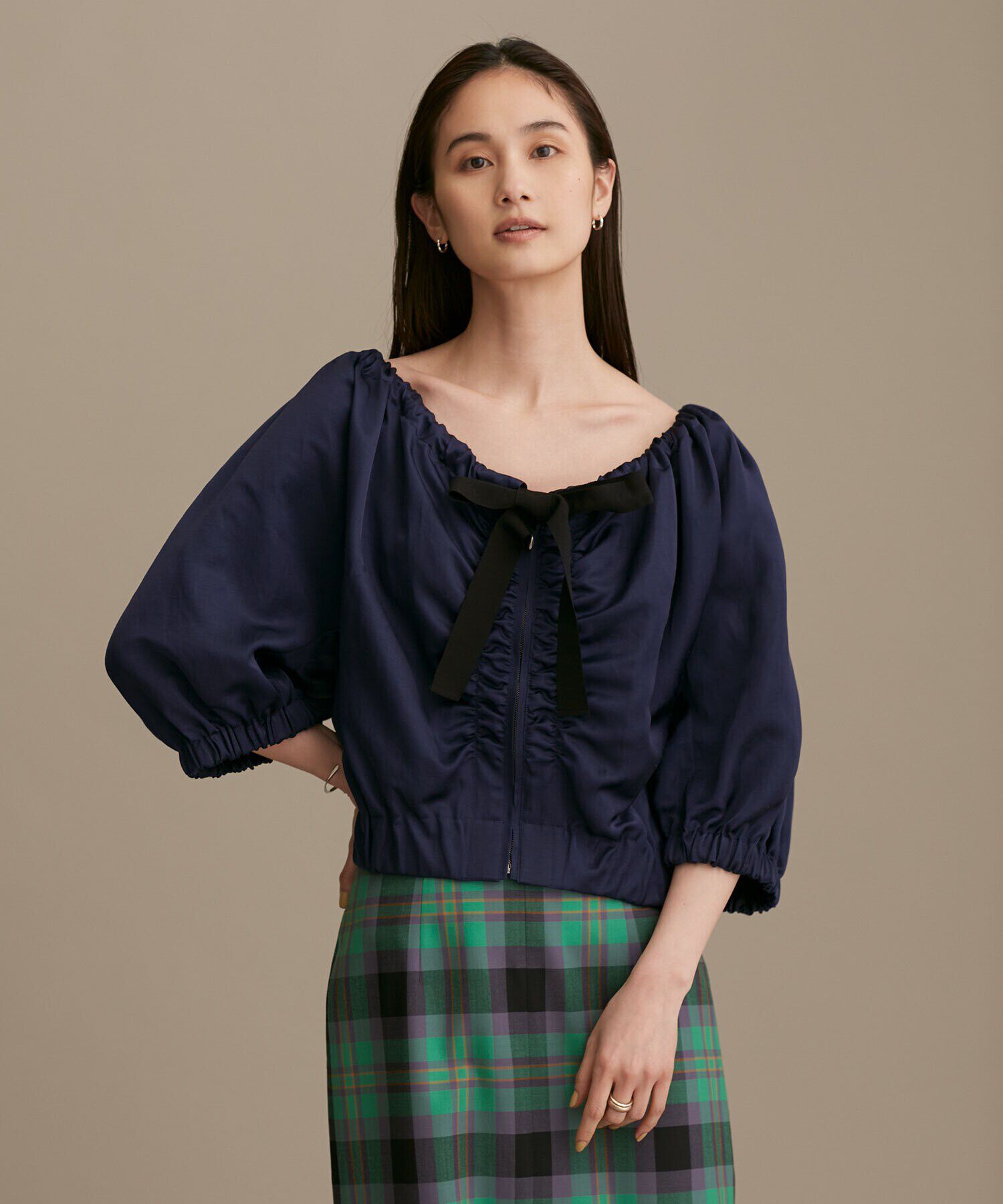 nano･universe「LB.01/サテンギャザーブルゾン 五分袖」|ブルゾン・スタジャン|