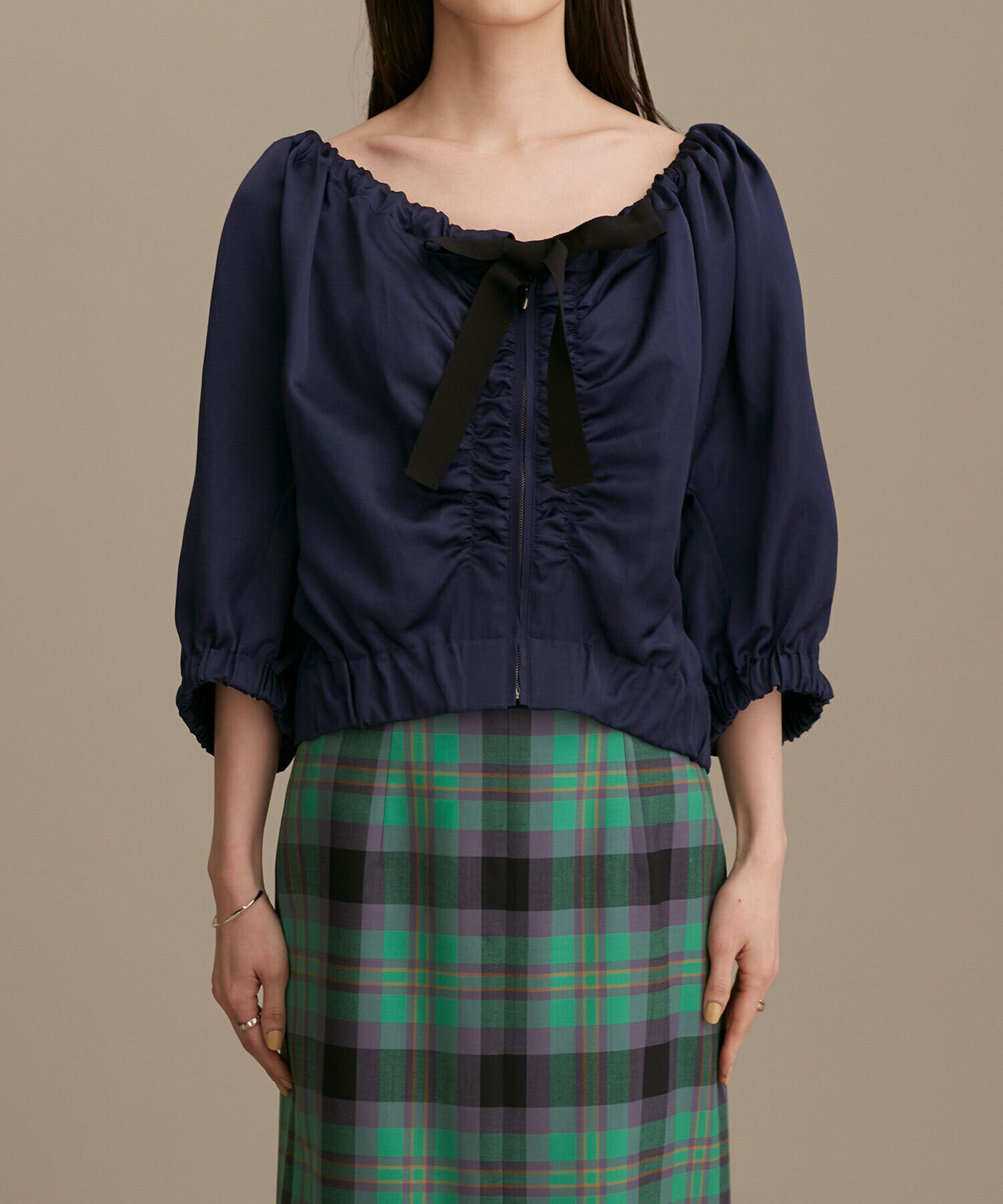 nano･universe「LB.01/サテンギャザーブルゾン 五分袖」|ブルゾン・スタジャン|