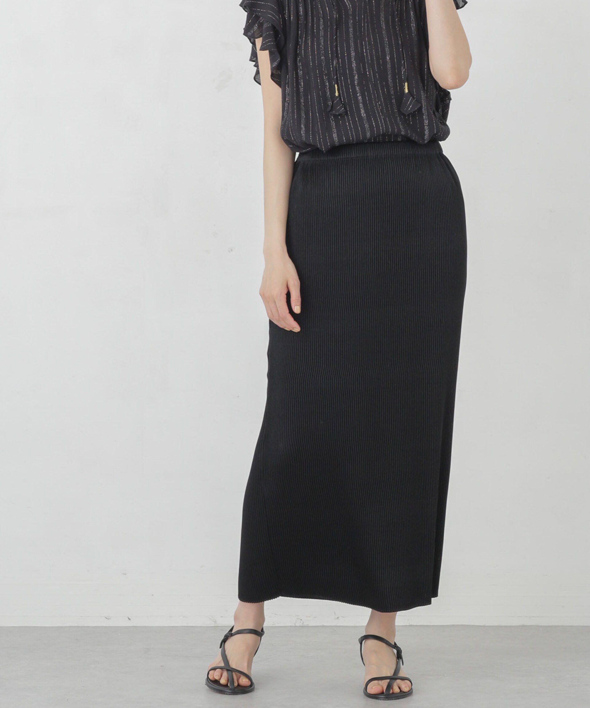 nano･universe「箔プリントプリーツスカート」|スカート|ブラック