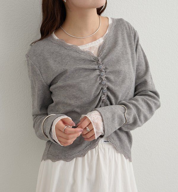  「ギャザーレースリブカーディガン」|Tシャツ・カットソー|グレー