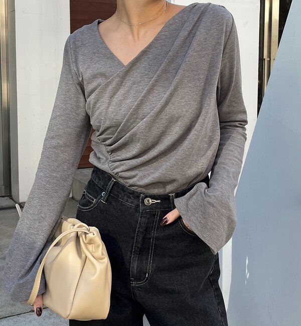  「ドレープアシメネックTシャツ」|Tシャツ・カットソー|グレー