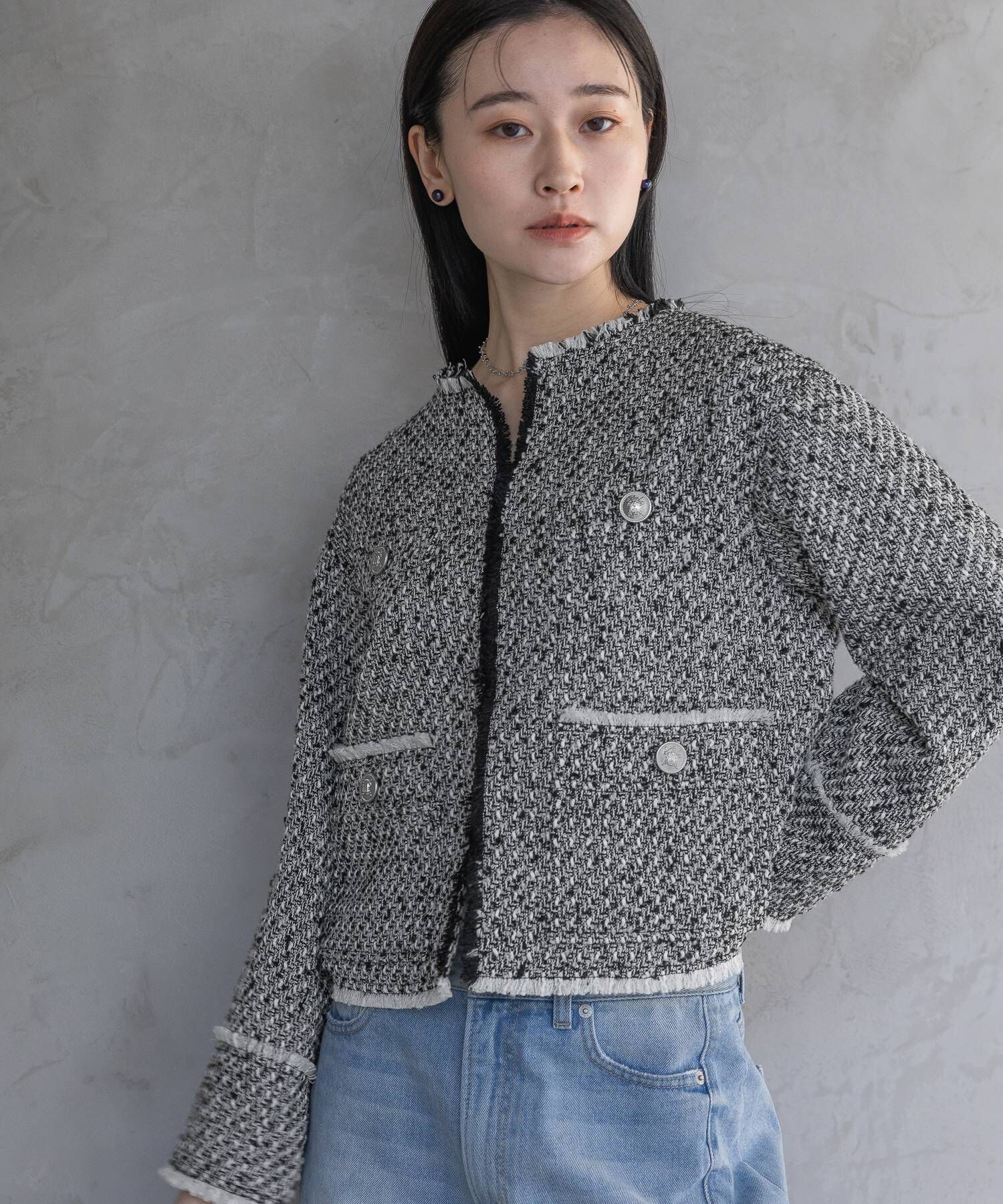 A part by 「【Sサイズ展開・セットアップ対応】ツイードノーカラージャケット」|ノーカラーコート|