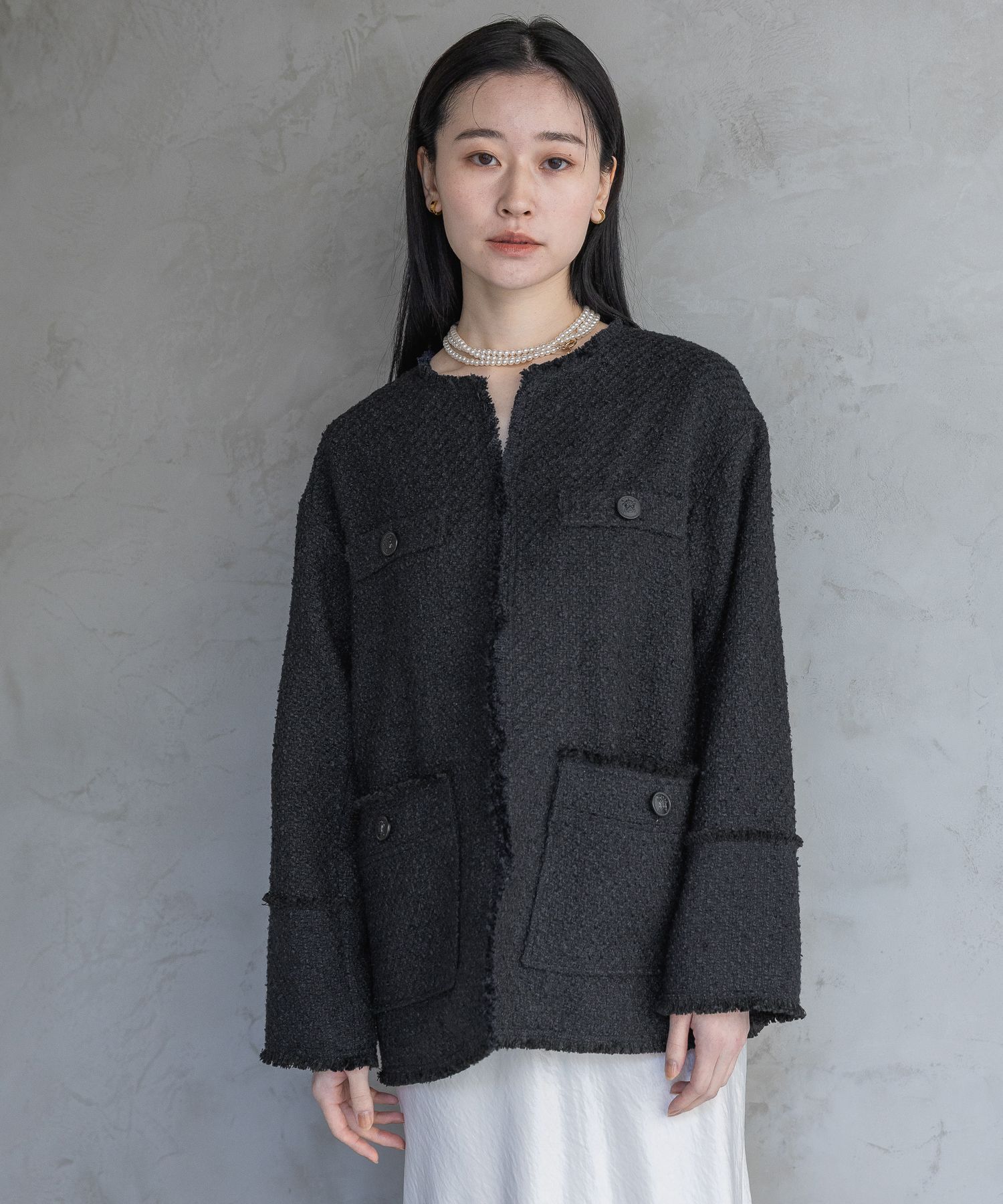 A part by 「【Sサイズ展開・セットアップ対応】ツイードノーカラージャケット」|ノーカラーコート|ネイビー