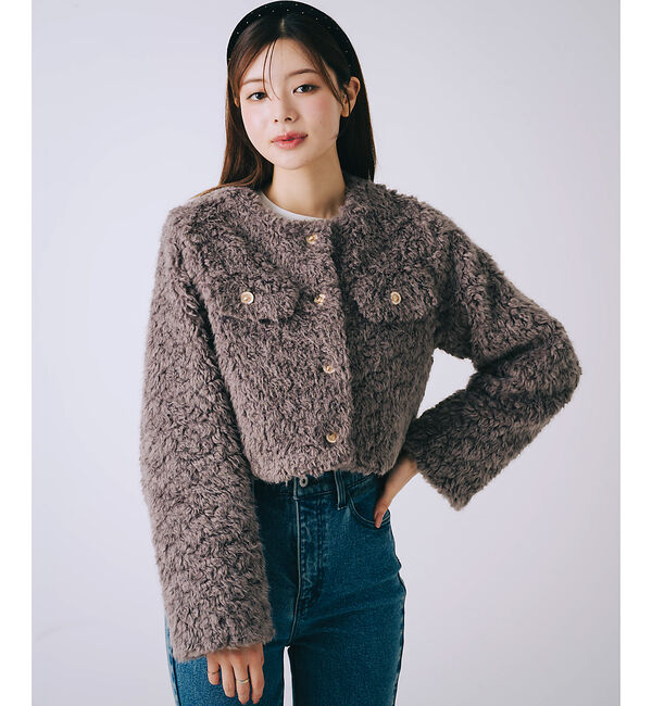 SELFIST「ボアショートジャケット」|ブルゾン・スタジャン|グレージュ