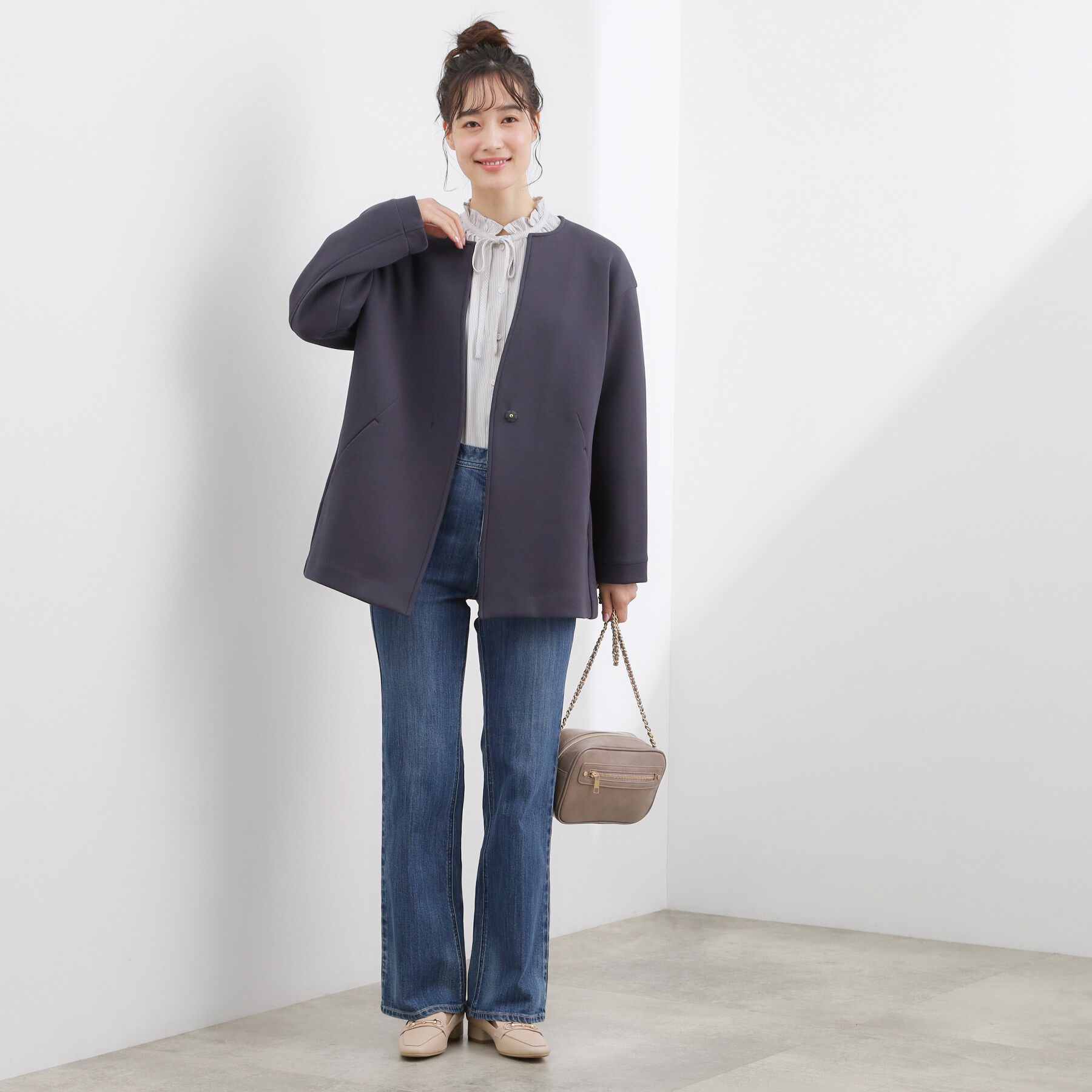 grove「ダンボールジャージ ノーカラーミドルコート」|ノーカラーコート|