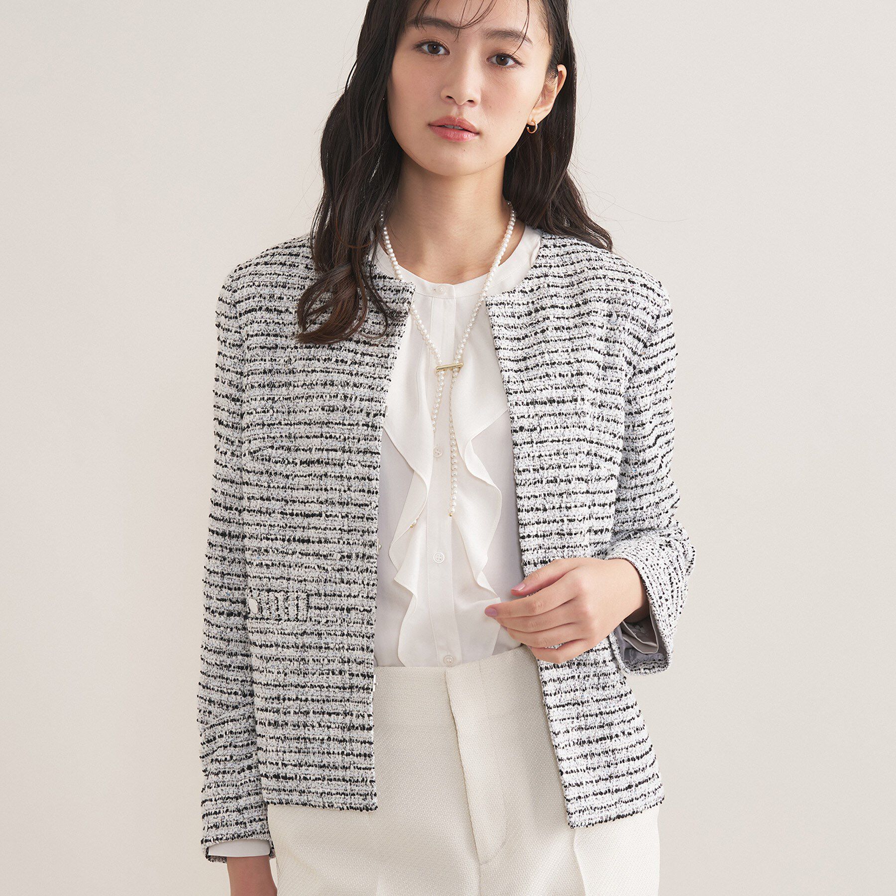 INDIVI「【セレモニー／洗える】ミックスツイードライトジャケット」|ノーカラージャケット|