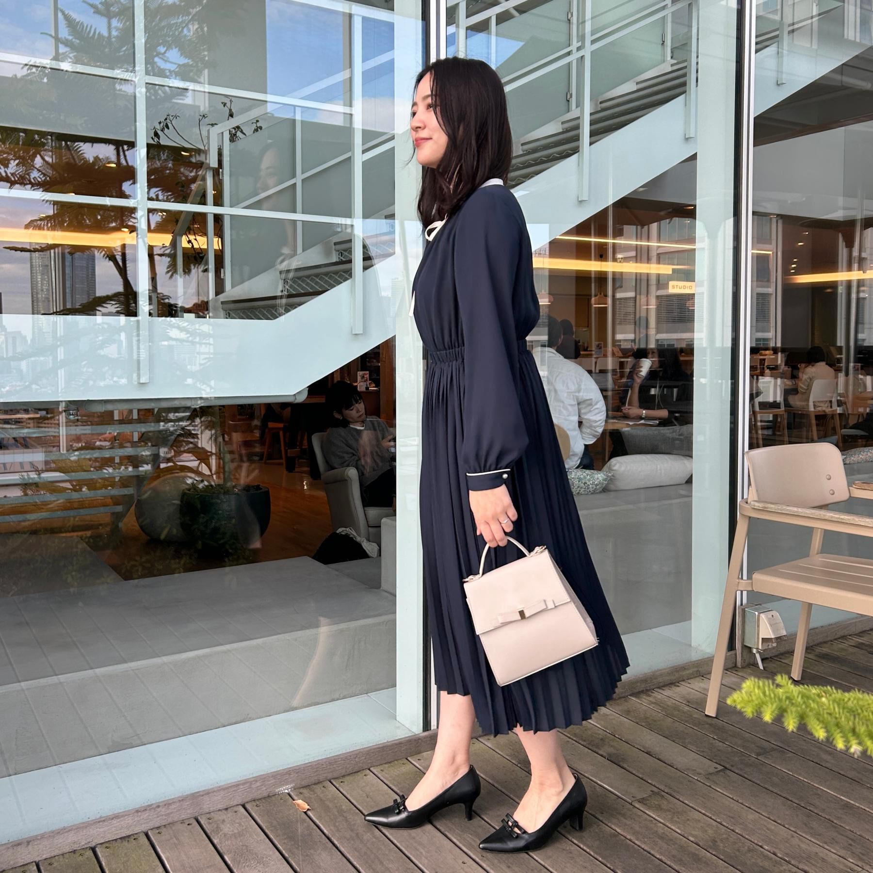 Couture broach「【ハレの日・通勤】配色シフォンプリーツ ワンピース」|ワンピース|