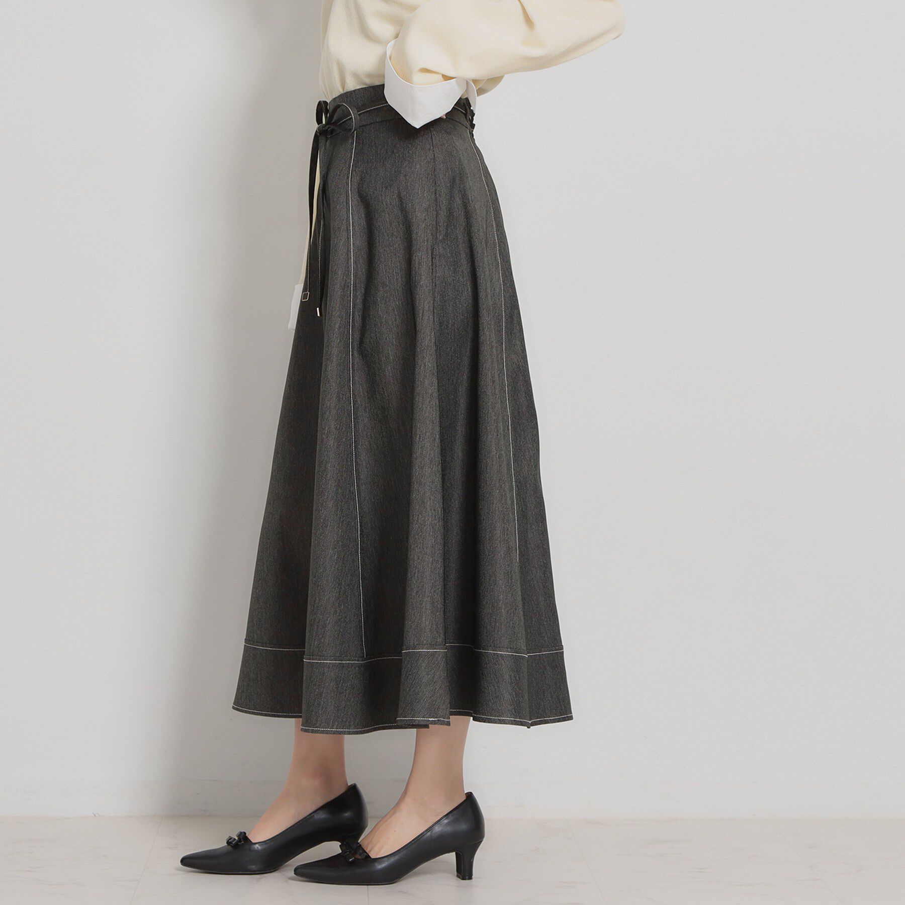 Couture broach「【洗える】デニムライク細リボンスカート」|スカート|