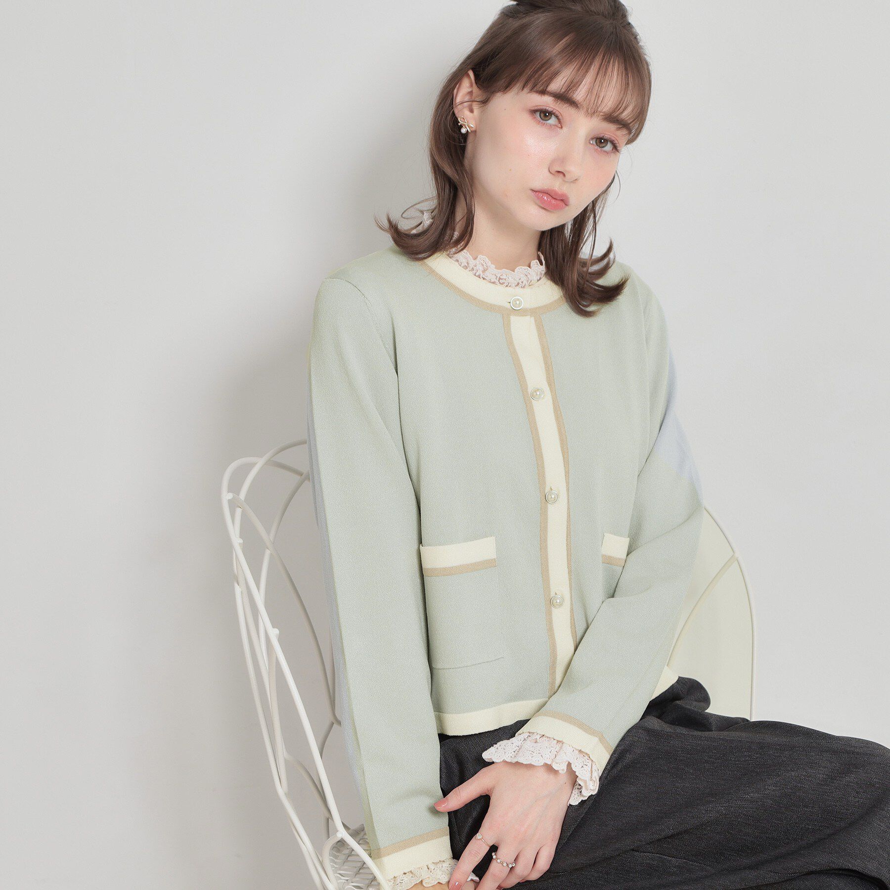 Couture broach「【洗える・着映え】SPRING配色カーディガン」|カーディガン|ミントグリーン(02
