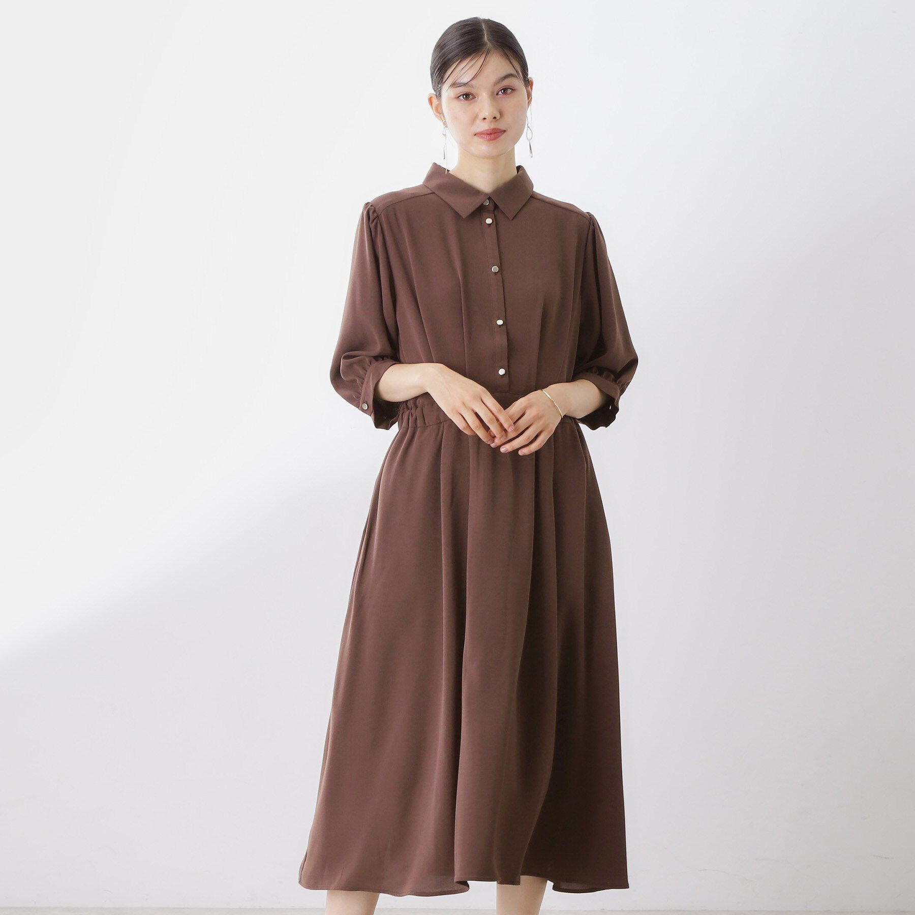 THE SHOP TK「5分袖シャツワンピース【防シワ/吸水速乾/UVケア/洗濯機OK】」|ワンピース|ブラウン(043)