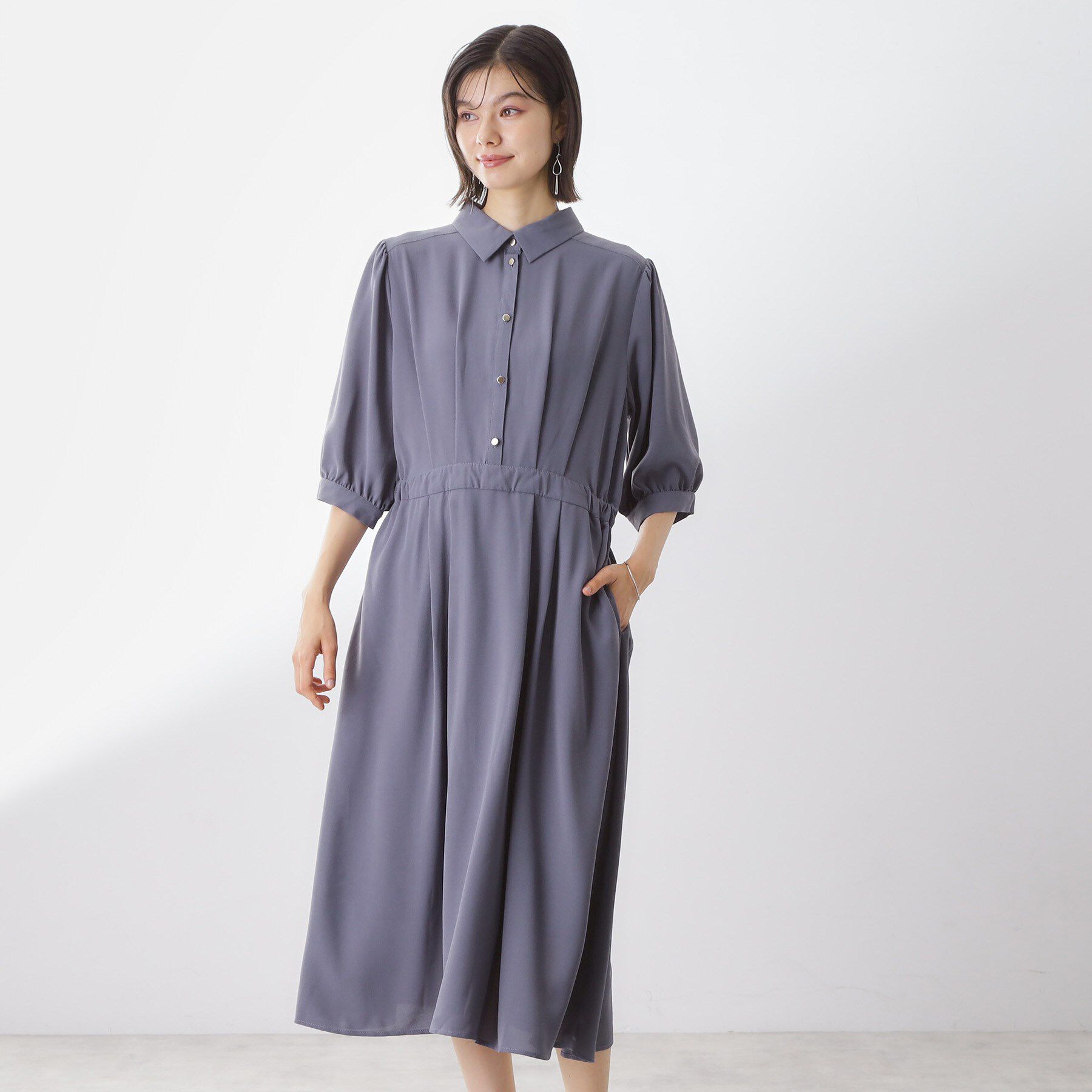 THE SHOP TK「5分袖シャツワンピース【防シワ/吸水速乾/UVケア/洗濯機OK】」|ワンピース|パープル(082)