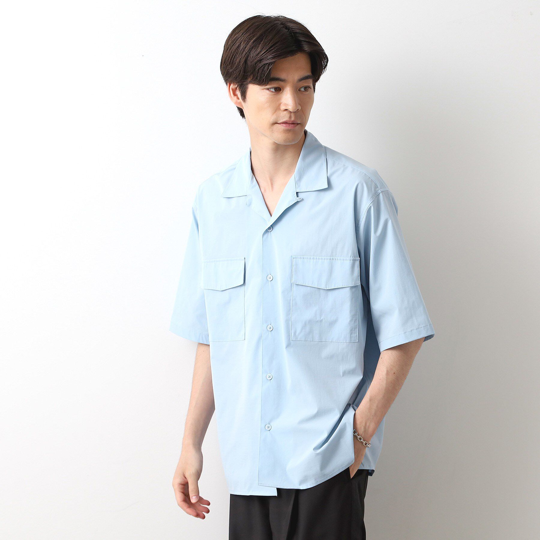 THE SHOP TK「CAVEダブルフラップ半袖シャツ【吸水速乾／ストレッチ／洗濯機OK】」|シャツ・ブラウス|サックスブルー(09