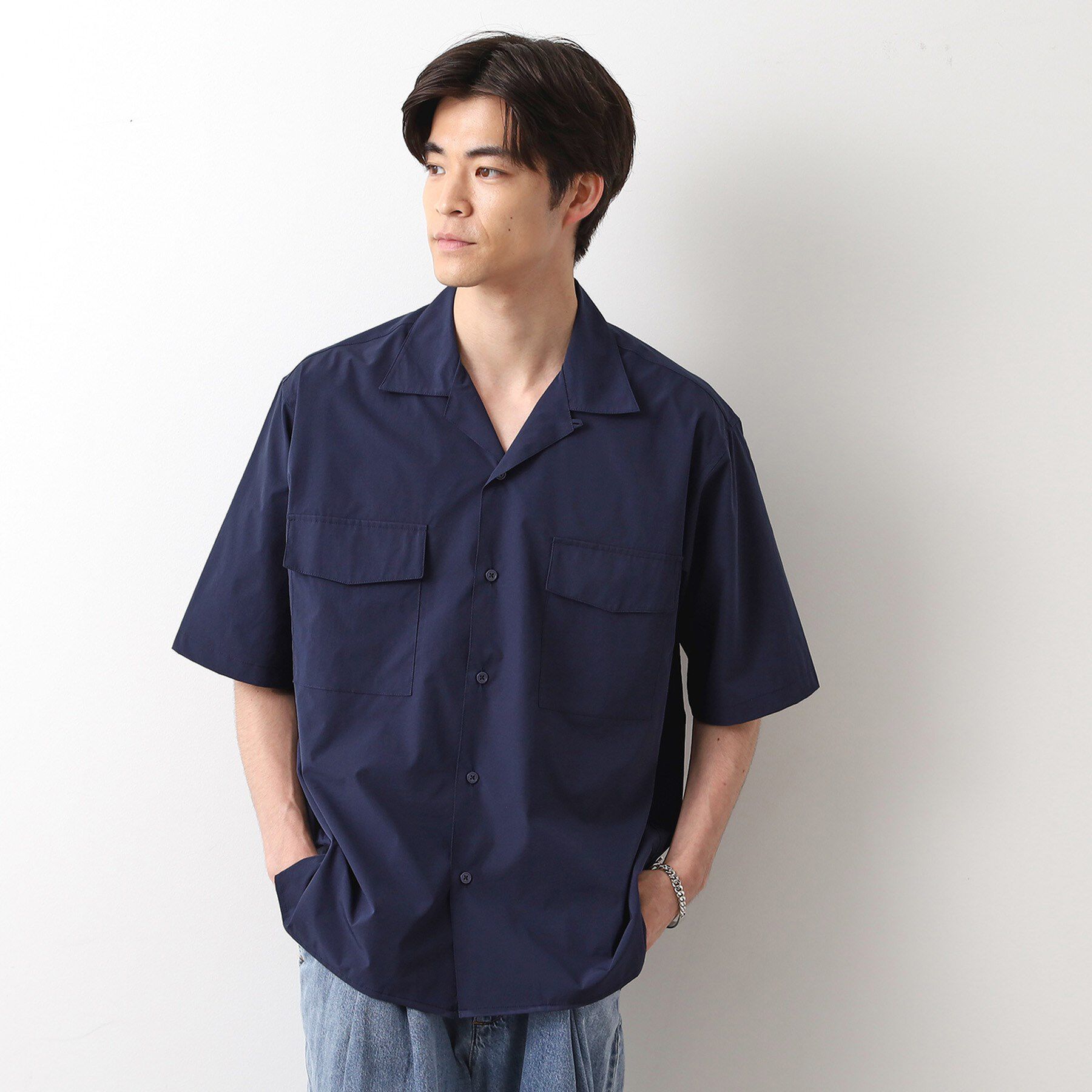 THE SHOP TK「CAVEダブルフラップ半袖シャツ【吸水速乾／ストレッチ／洗濯機OK】」|シャツ・ブラウス|ネイビー(094)